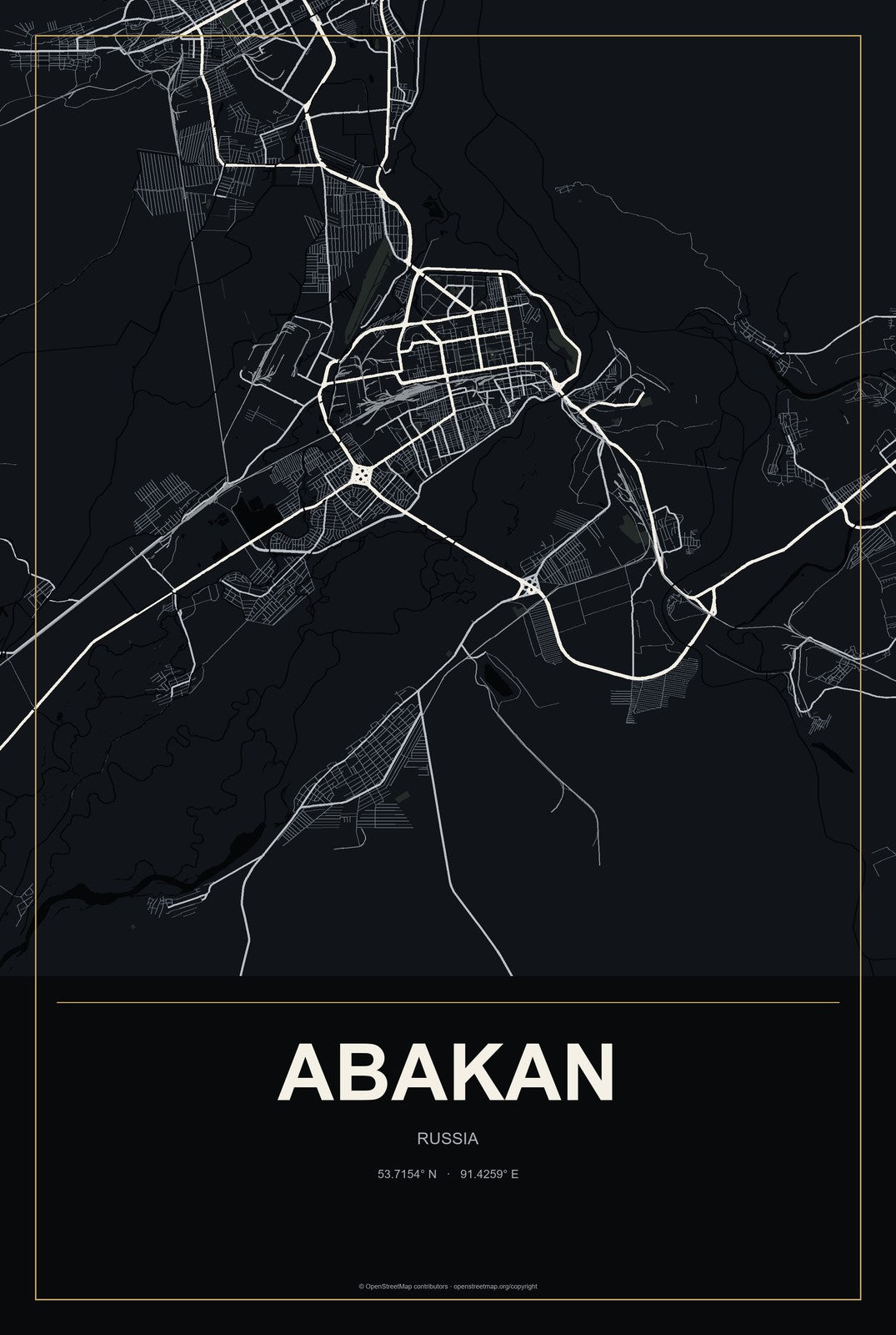 Abakan, Russia City Map Aluminum Sign in Metropolitan Noir style