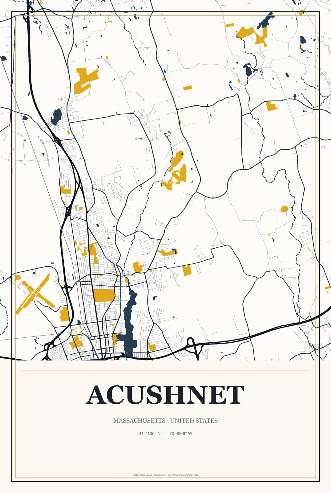 Acushnet, Massachusetts City Map Aluminum Sign in Citrine Modern style