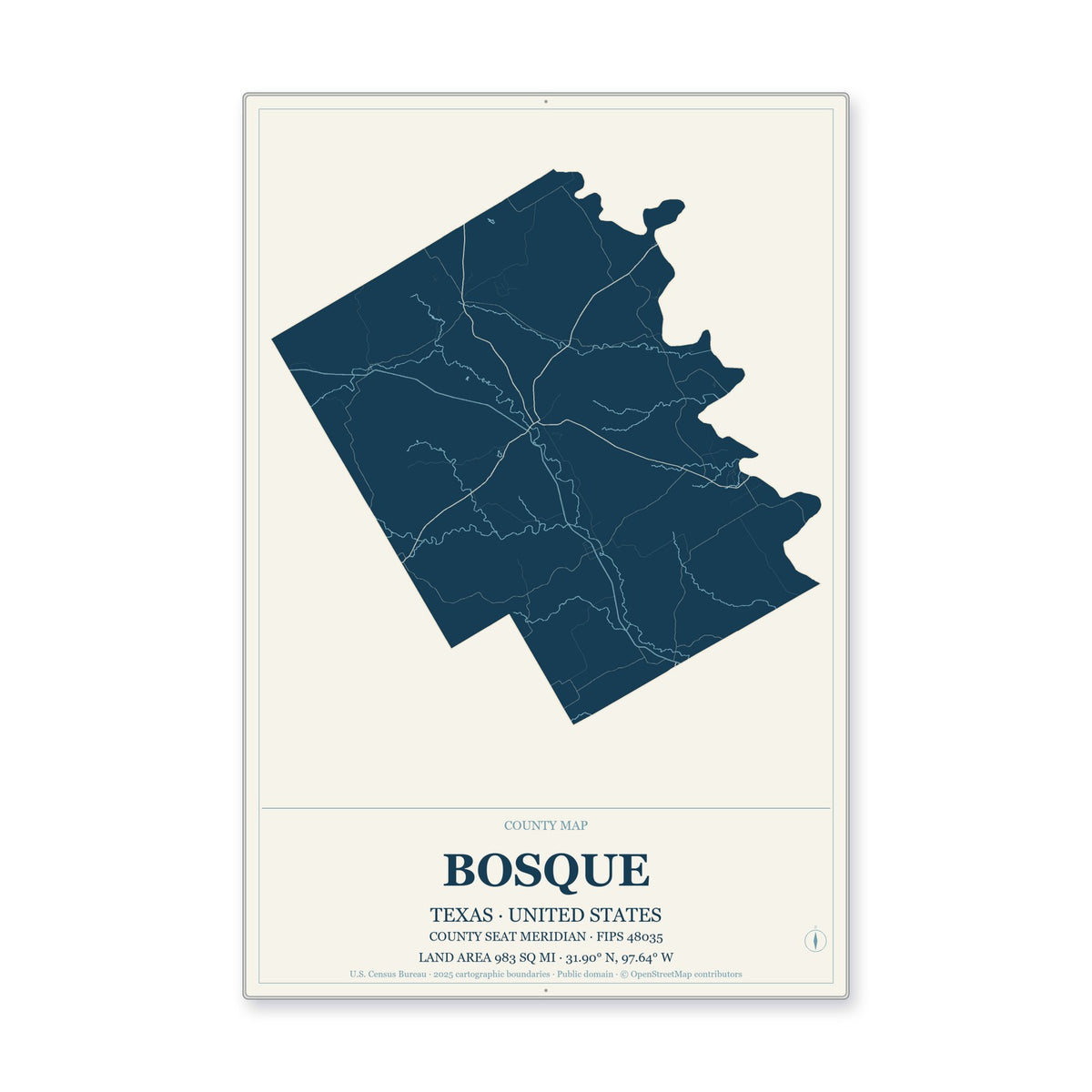 Bosque County, Texas Map Aluminum Sign in Coastal Cutout style