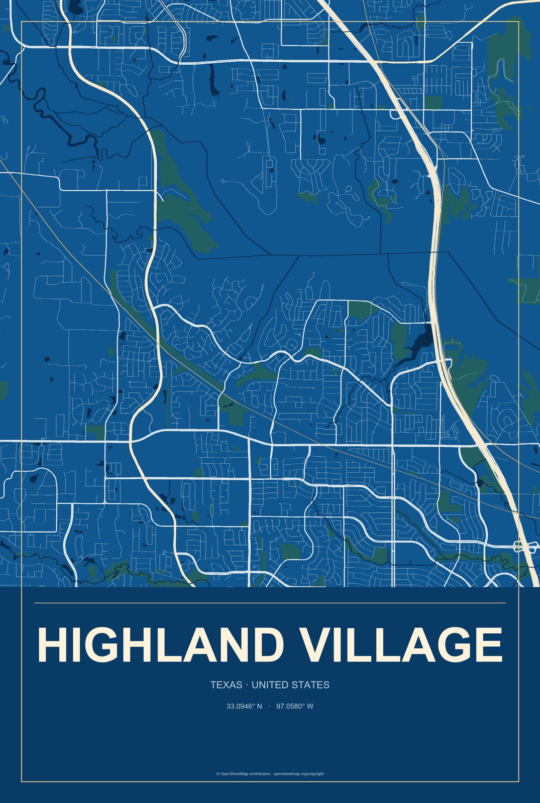 Highland Village, Texas City Map Aluminum Sign in Harbor Cobalt style