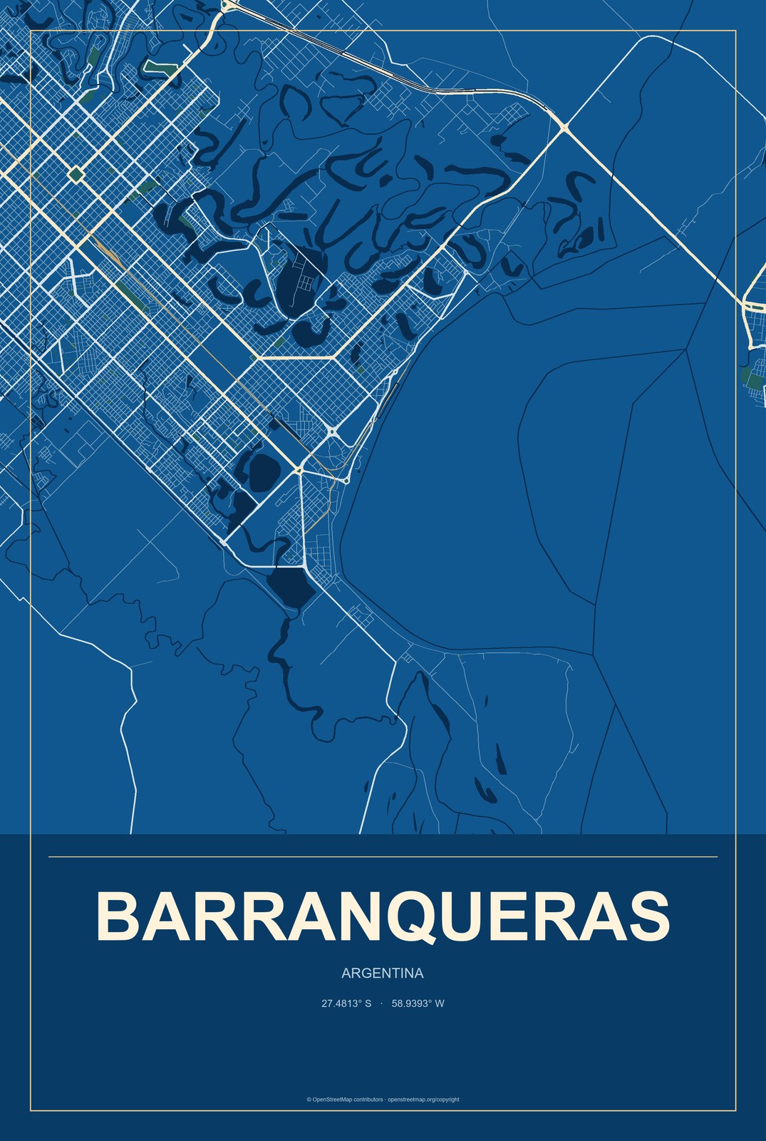 Barranqueras, Argentina City Map Aluminum Sign in Harbor Cobalt style