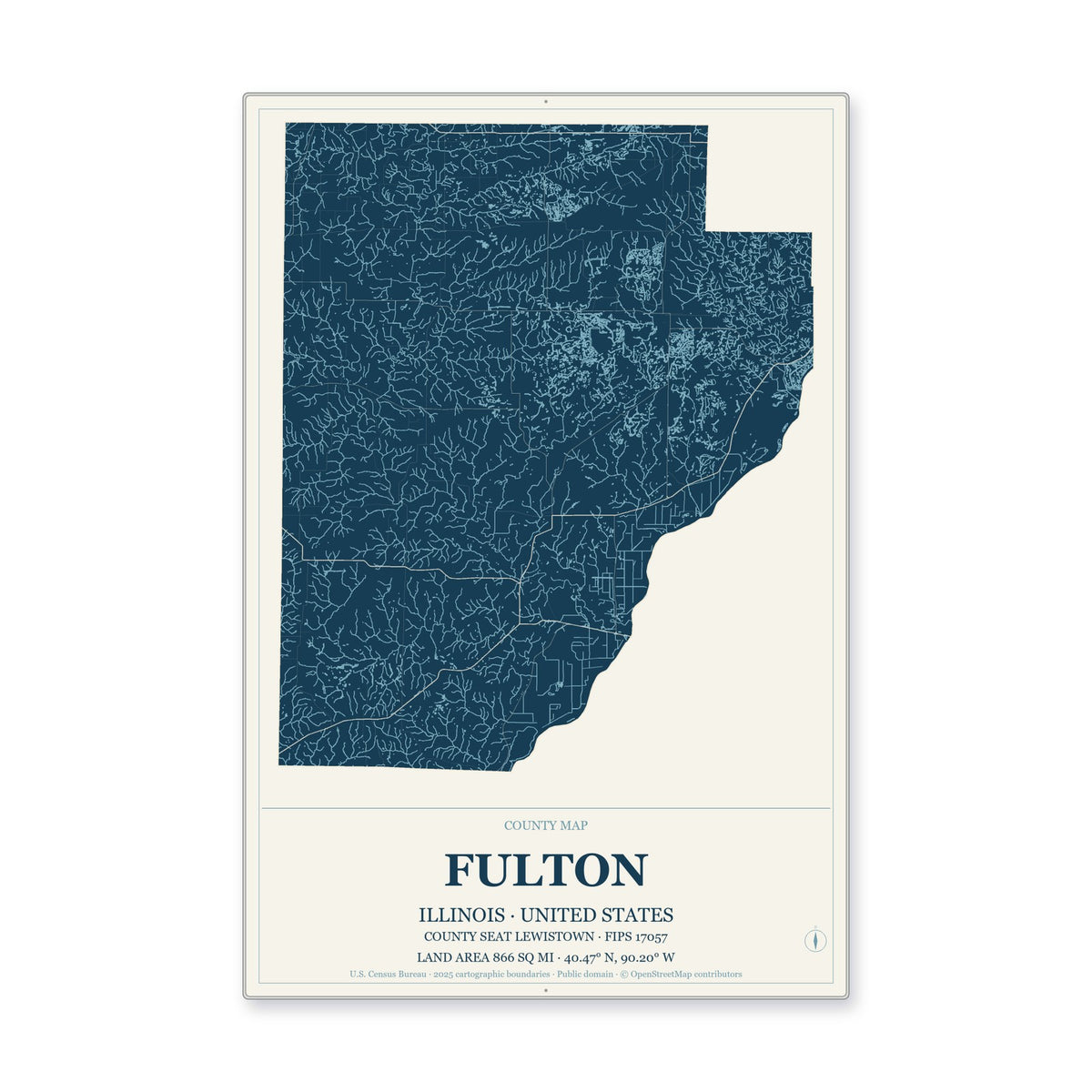 Fulton County, Illinois Map Aluminum Sign in Coastal Cutout style