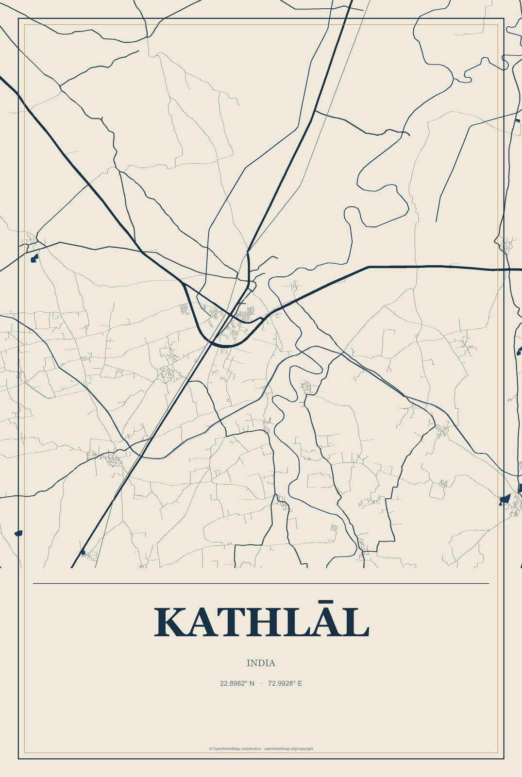 Kathlāl, India City Map Aluminum Sign in Coastal Cutout style
