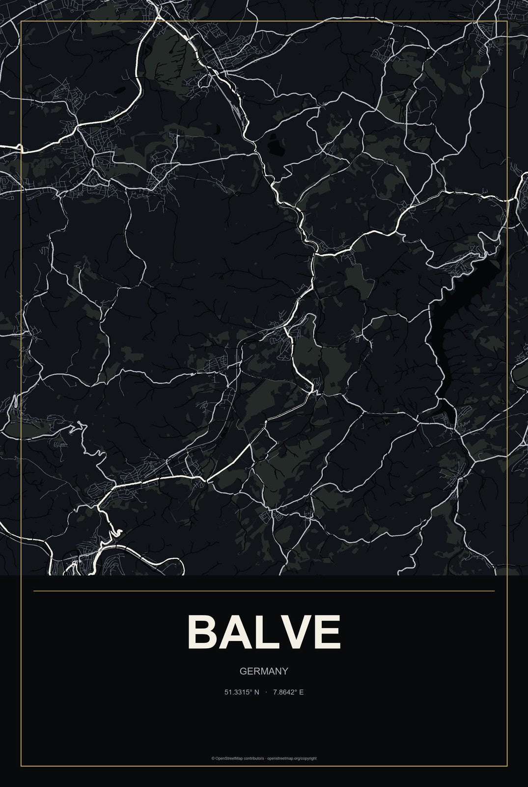 Balve, Germany City Map Aluminum Sign in Metropolitan Noir style