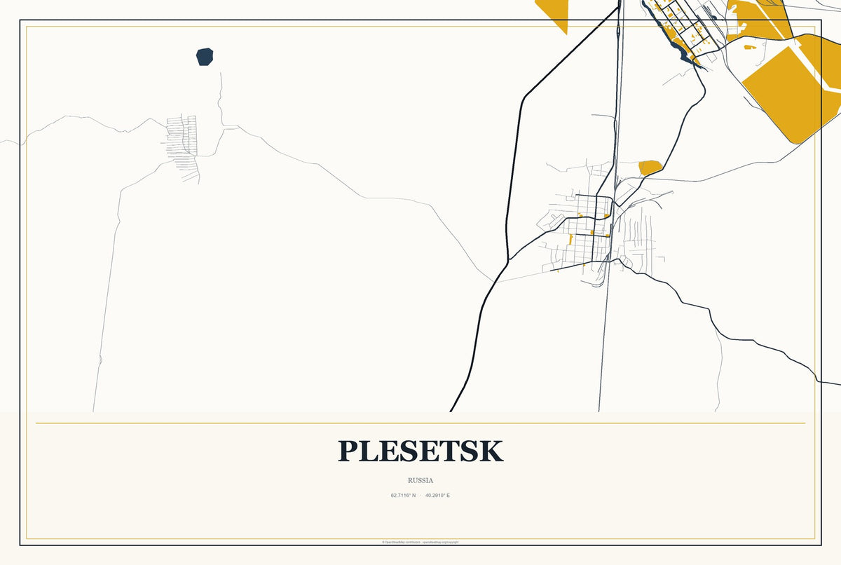 Plesetsk, Russia City Map Aluminum Sign in Citrine Modern style