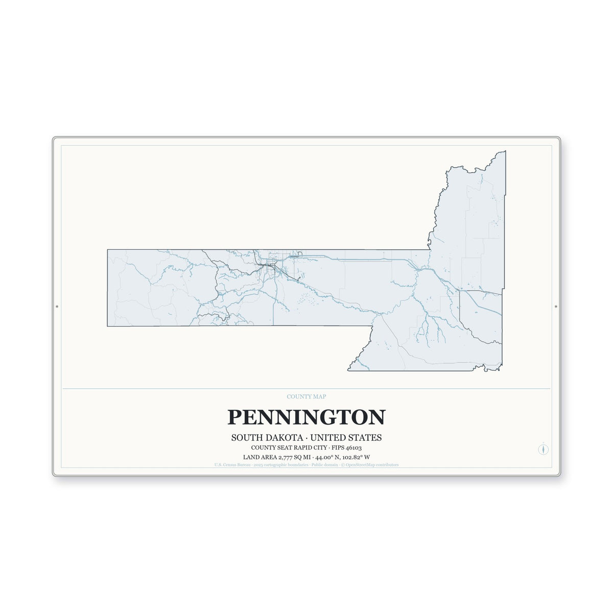 Pennington County, South Dakota Map Aluminum Sign in Gallery Air style