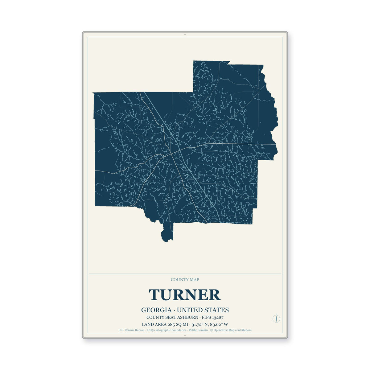 Turner County, Georgia Map Aluminum Sign in Coastal Cutout style