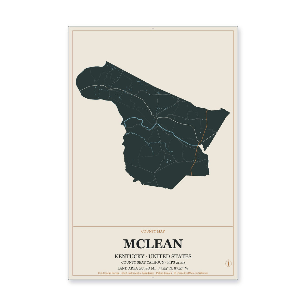 McLean County, Kentucky Map Aluminum Sign in Headline Atlas style