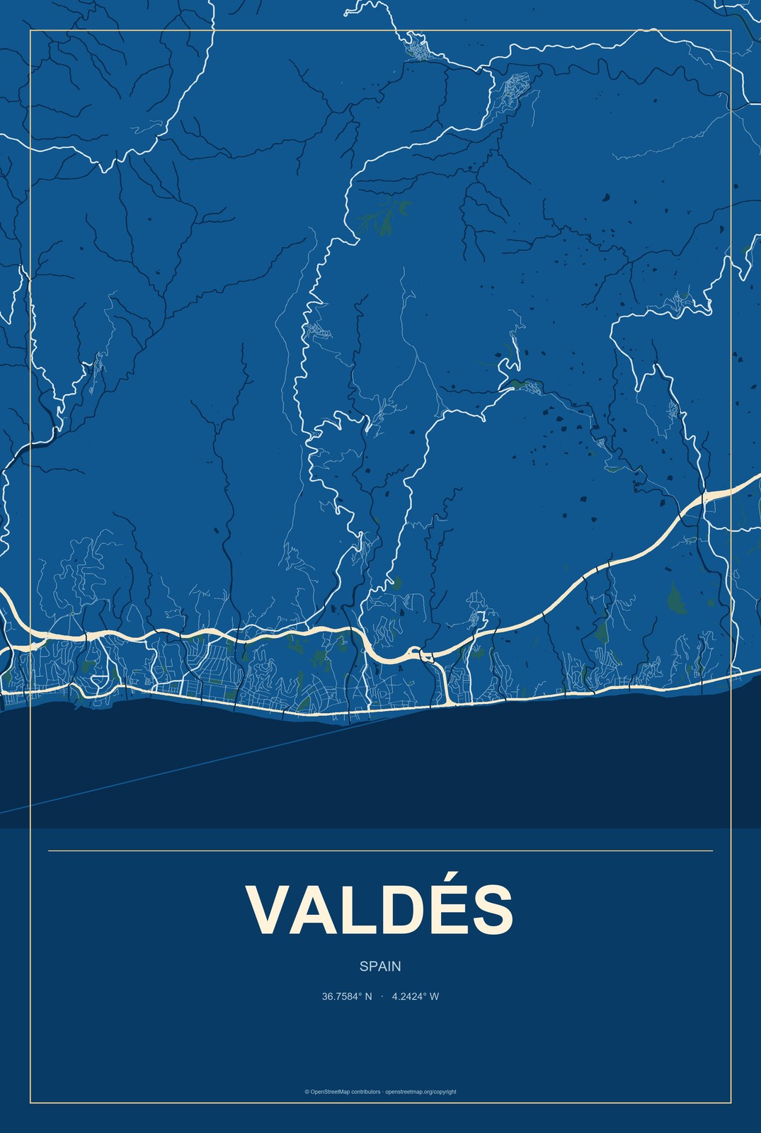Valdés, Spain City Map Aluminum Sign in Harbor Cobalt style