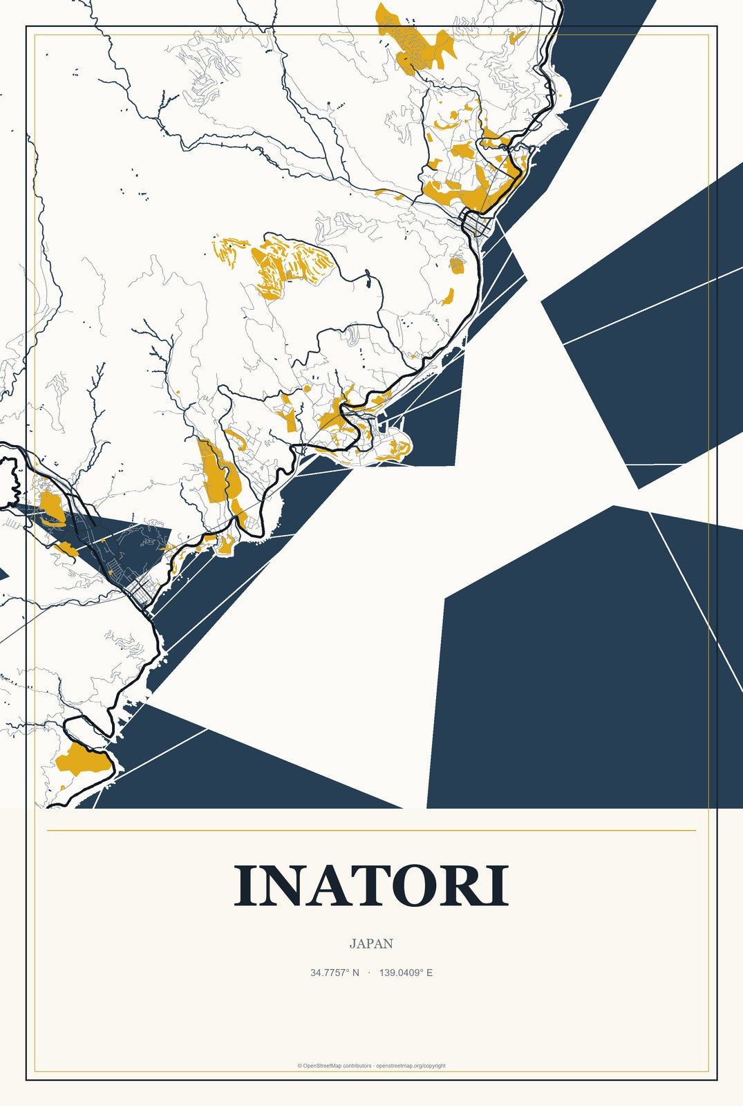 Inatori, Japan City Map Aluminum Sign in Citrine Modern style