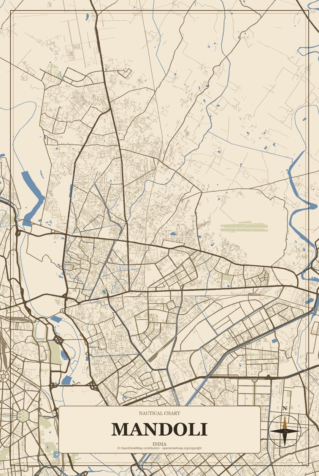 Mandoli, India City Map Aluminum Sign in Heritage Nautical style