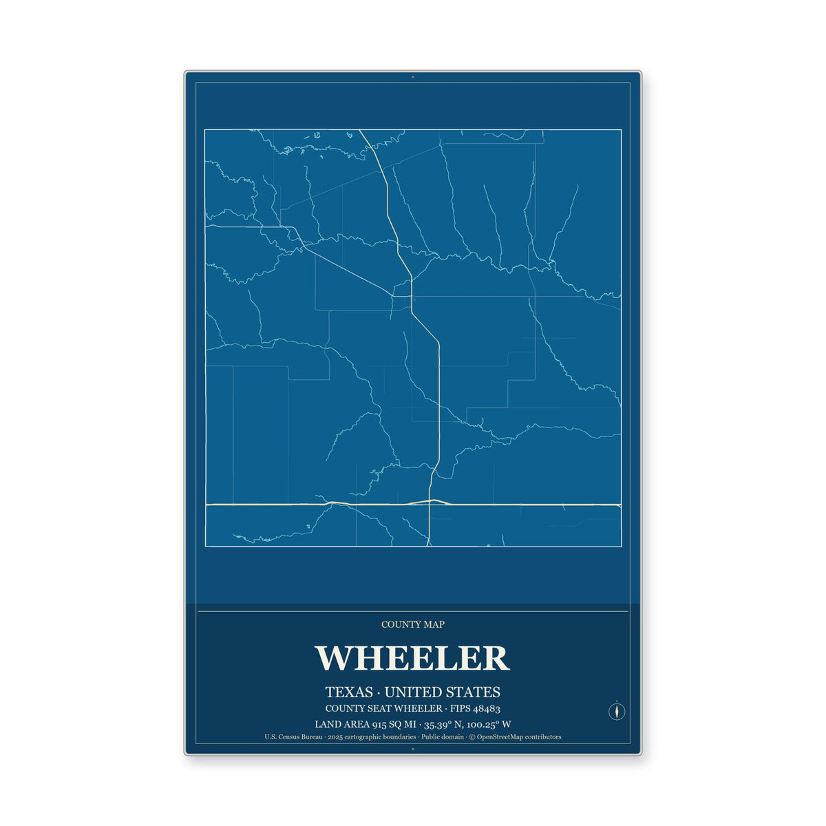 Wheeler County, Texas Map Aluminum Sign in Harbor Cobalt style
