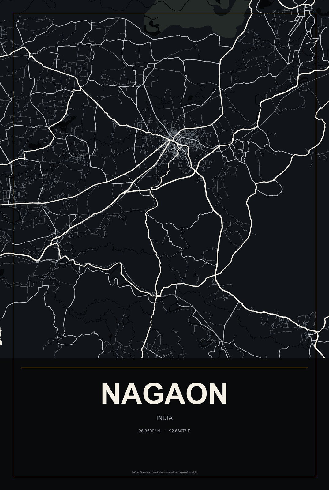 Nagaon, India City Map Aluminum Sign in Metropolitan Noir style