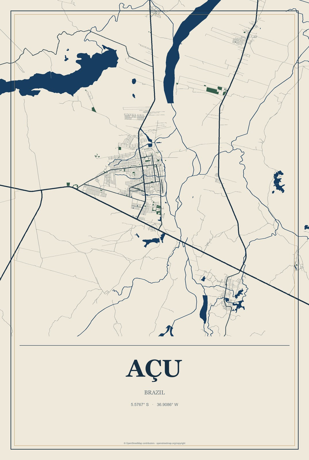Açu, Brazil City Map Aluminum Sign in Coastal Cutout style
