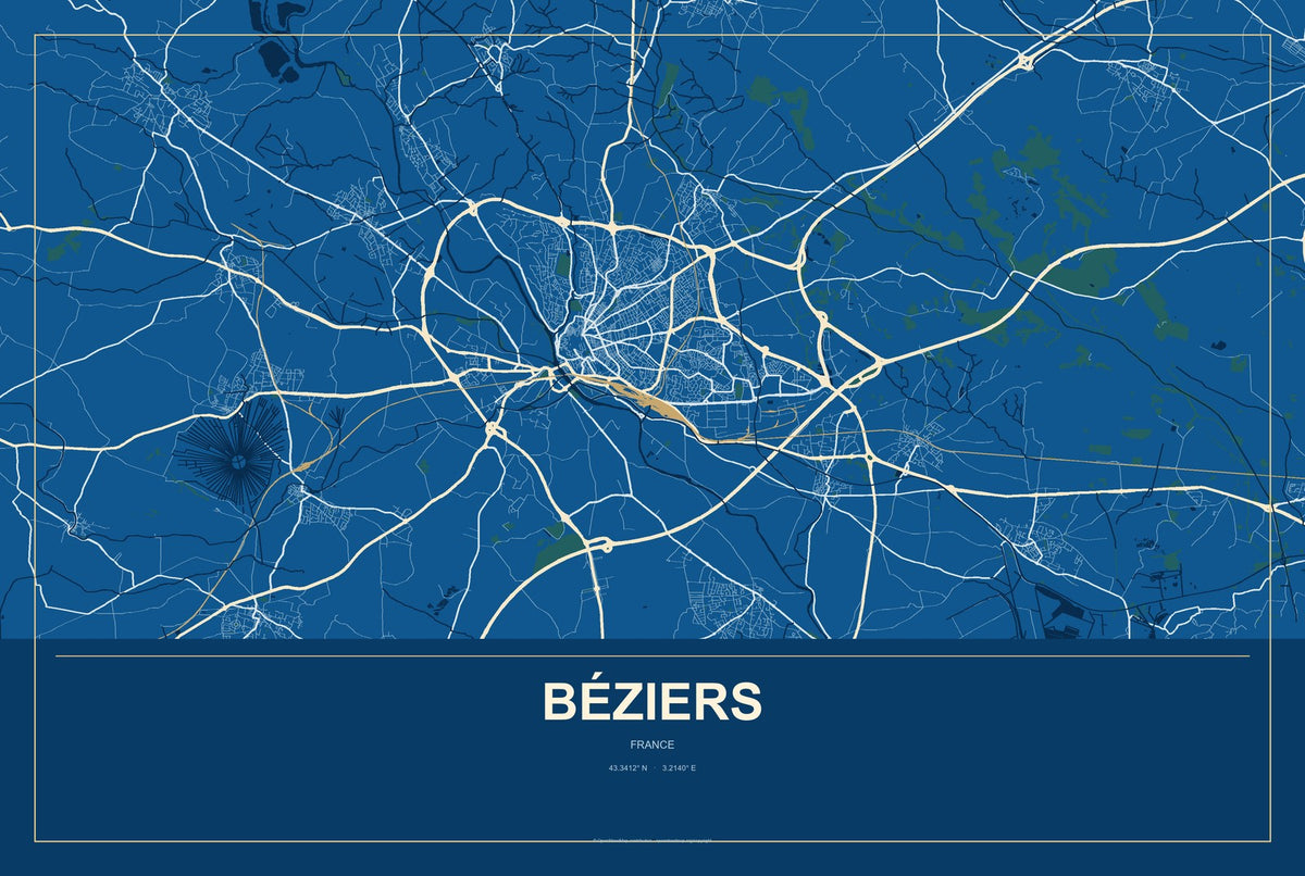 Béziers, France City Map Aluminum Sign in Harbor Cobalt style