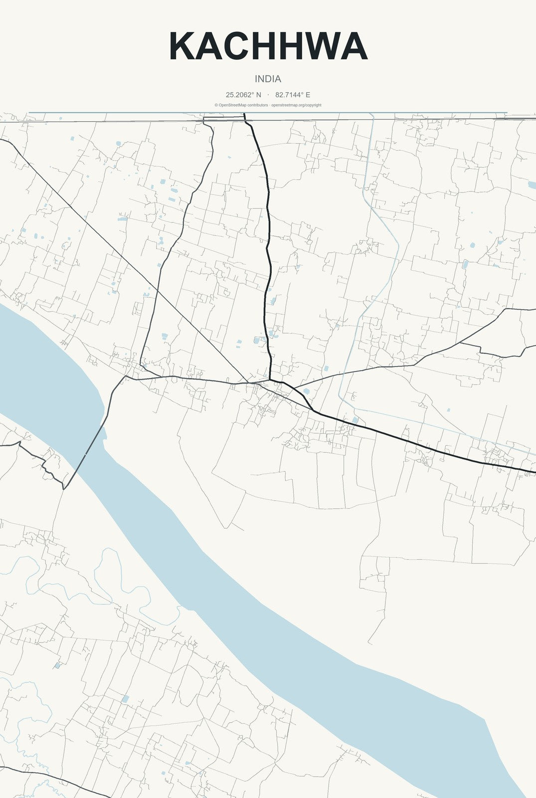 Kachhwa, India City Map Aluminum Sign in Headline Atlas style