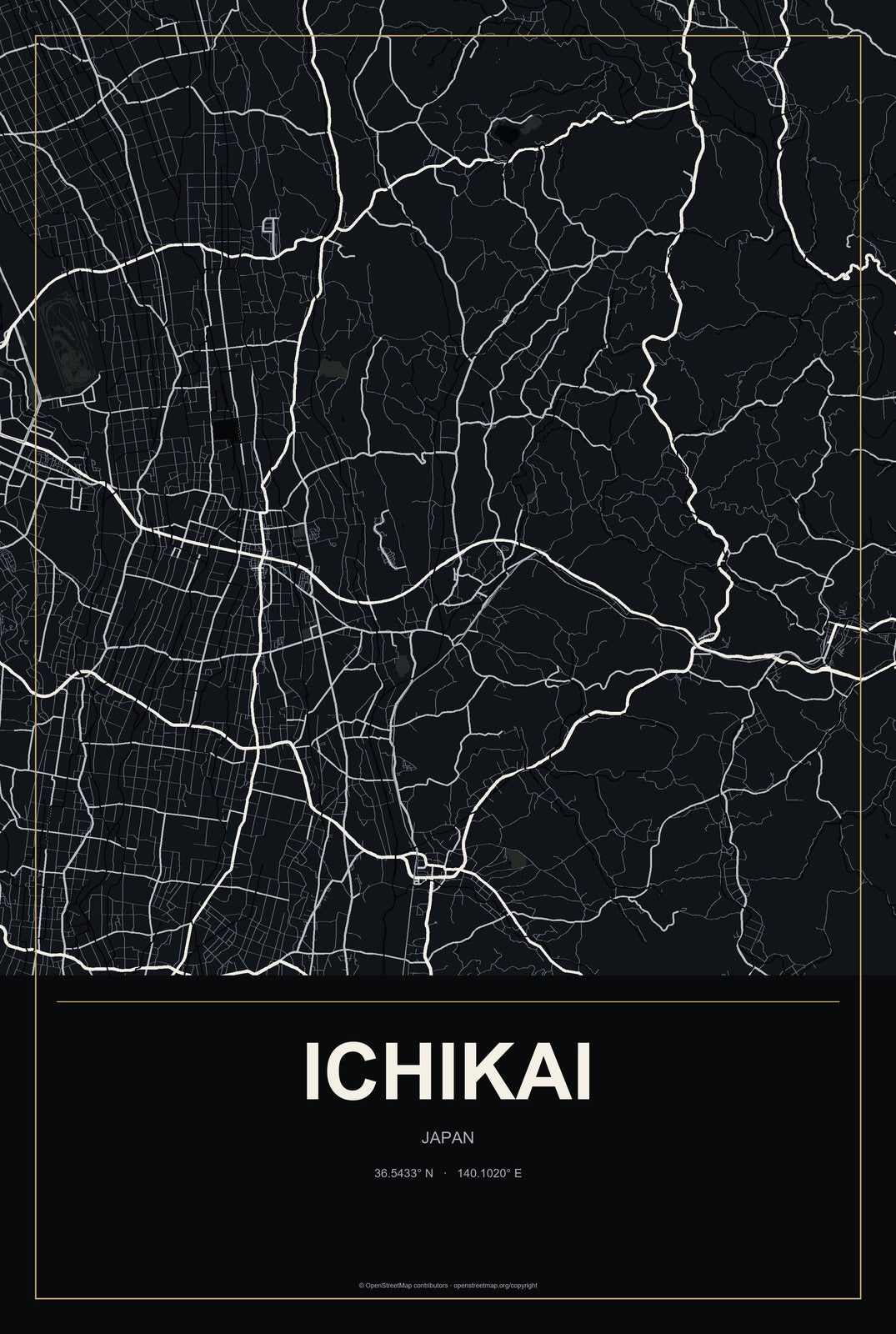 Ichikai, Japan City Map Aluminum Sign in Metropolitan Noir style