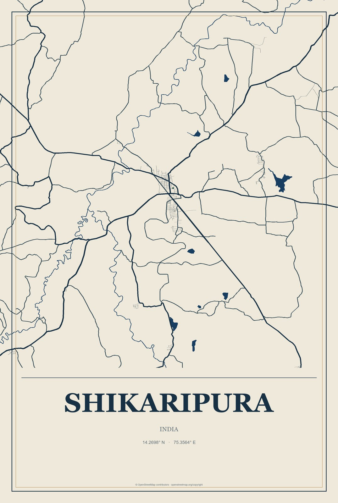Shikaripura, India City Map Aluminum Sign in Coastal Cutout style