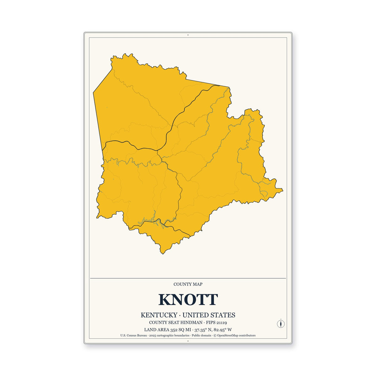 Knott County, Kentucky Map Aluminum Sign in Citrine Modern style