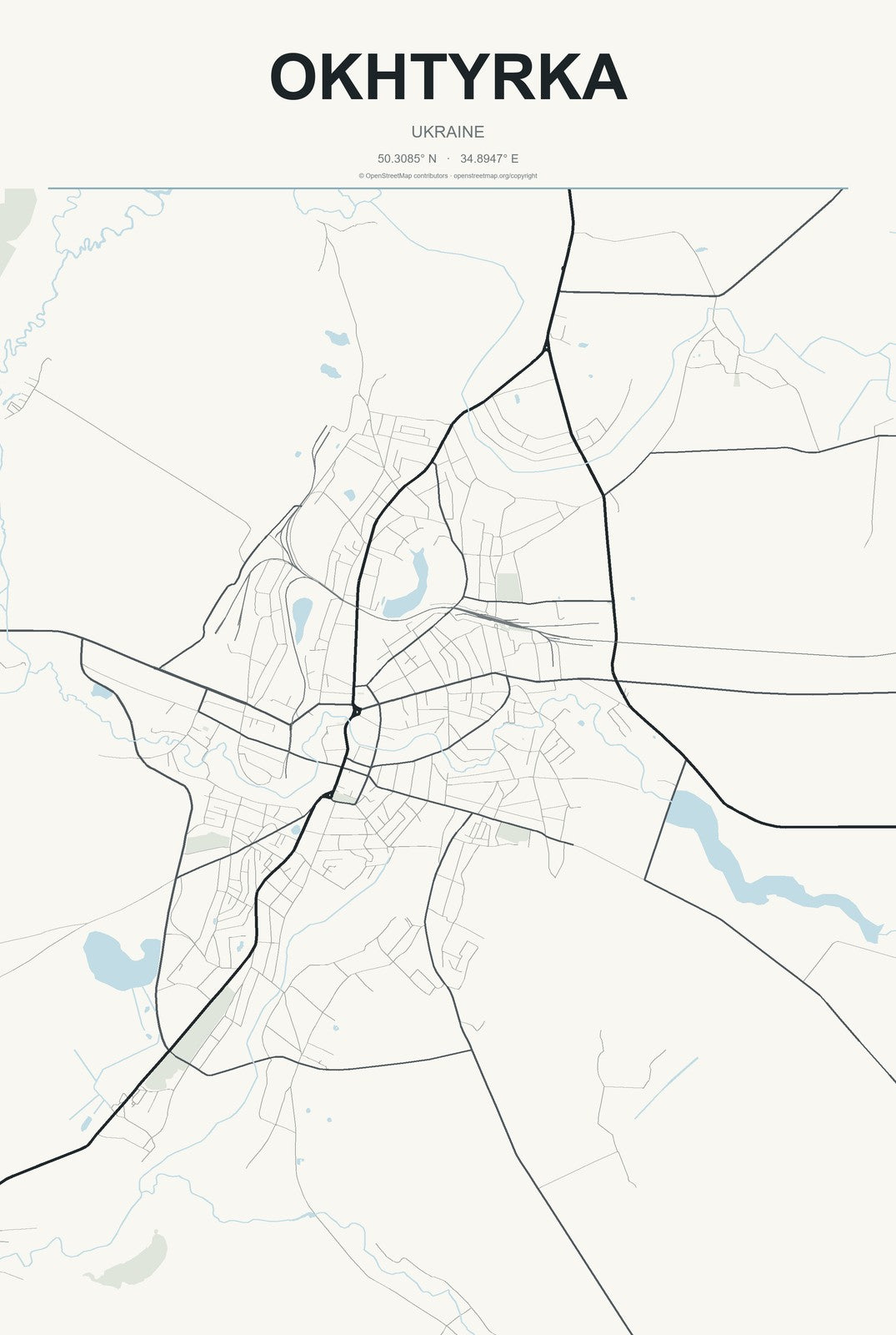 Okhtyrka, Ukraine City Map Aluminum Sign in Headline Atlas style