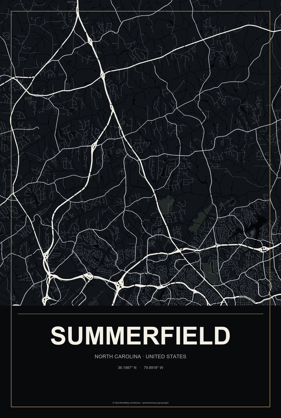 Summerfield, North Carolina City Map Aluminum Sign in Metropolitan Noir style