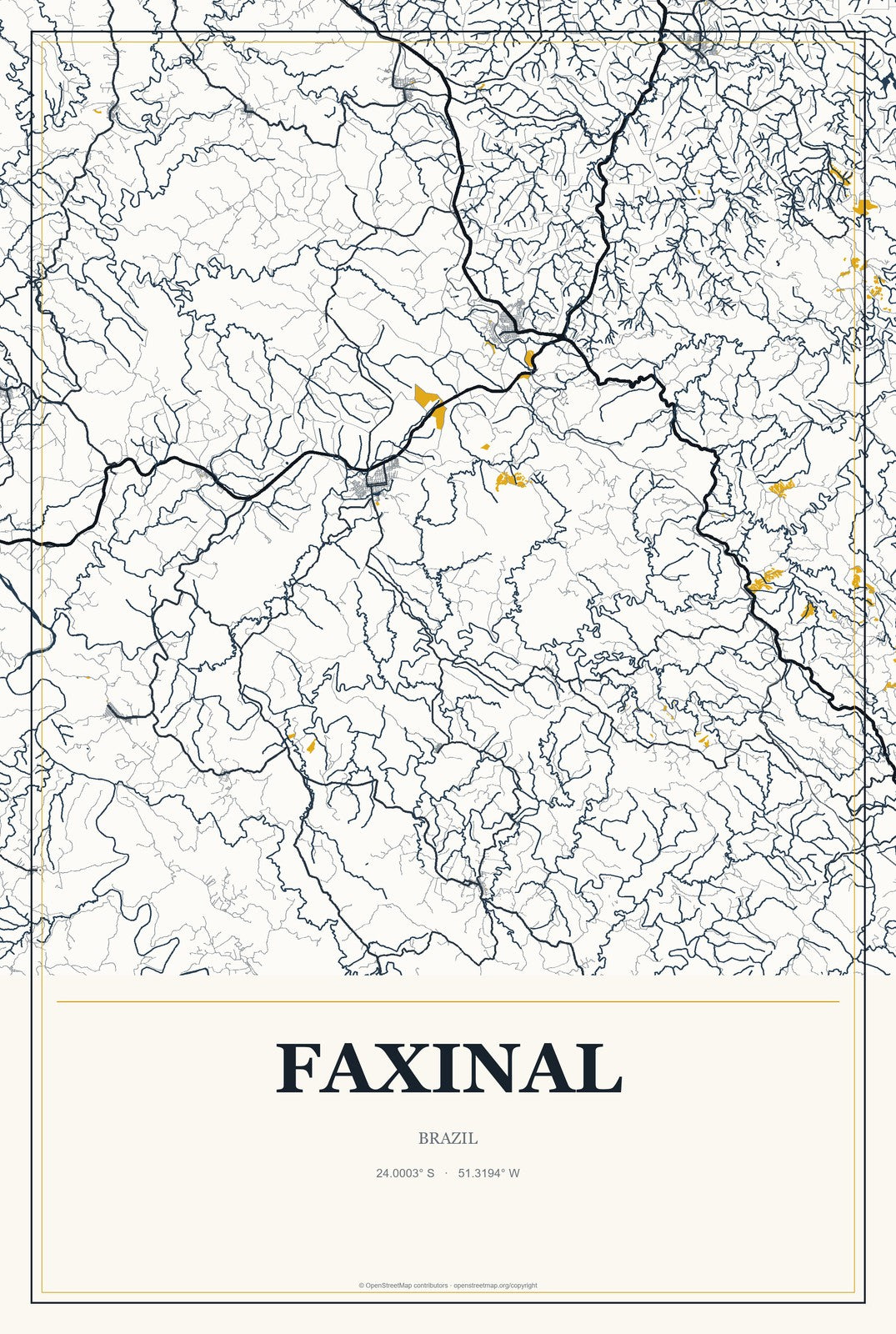 Faxinal, Brazil City Map Aluminum Sign in Citrine Modern style