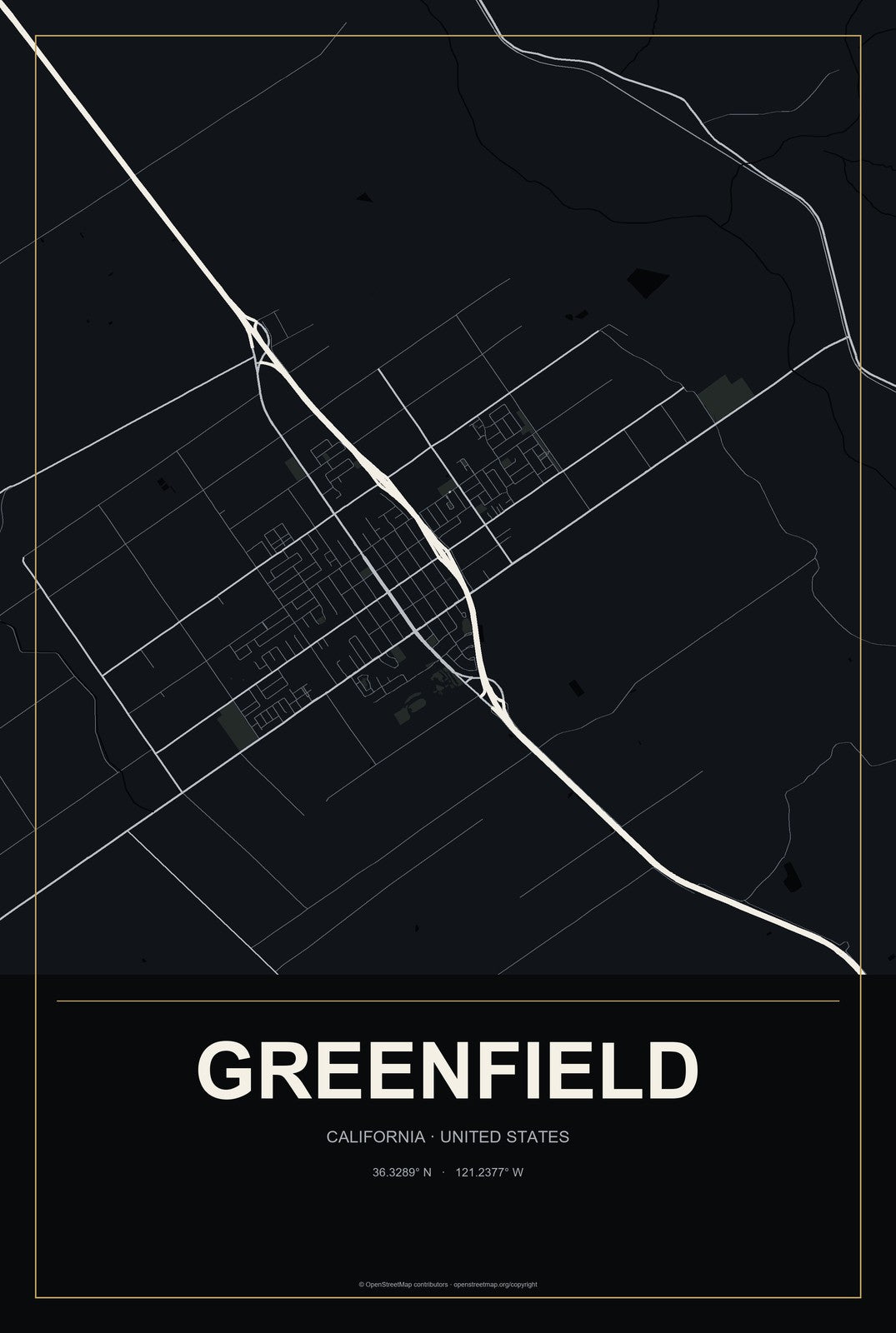 Greenfield, California City Map Aluminum Sign in Metropolitan Noir style