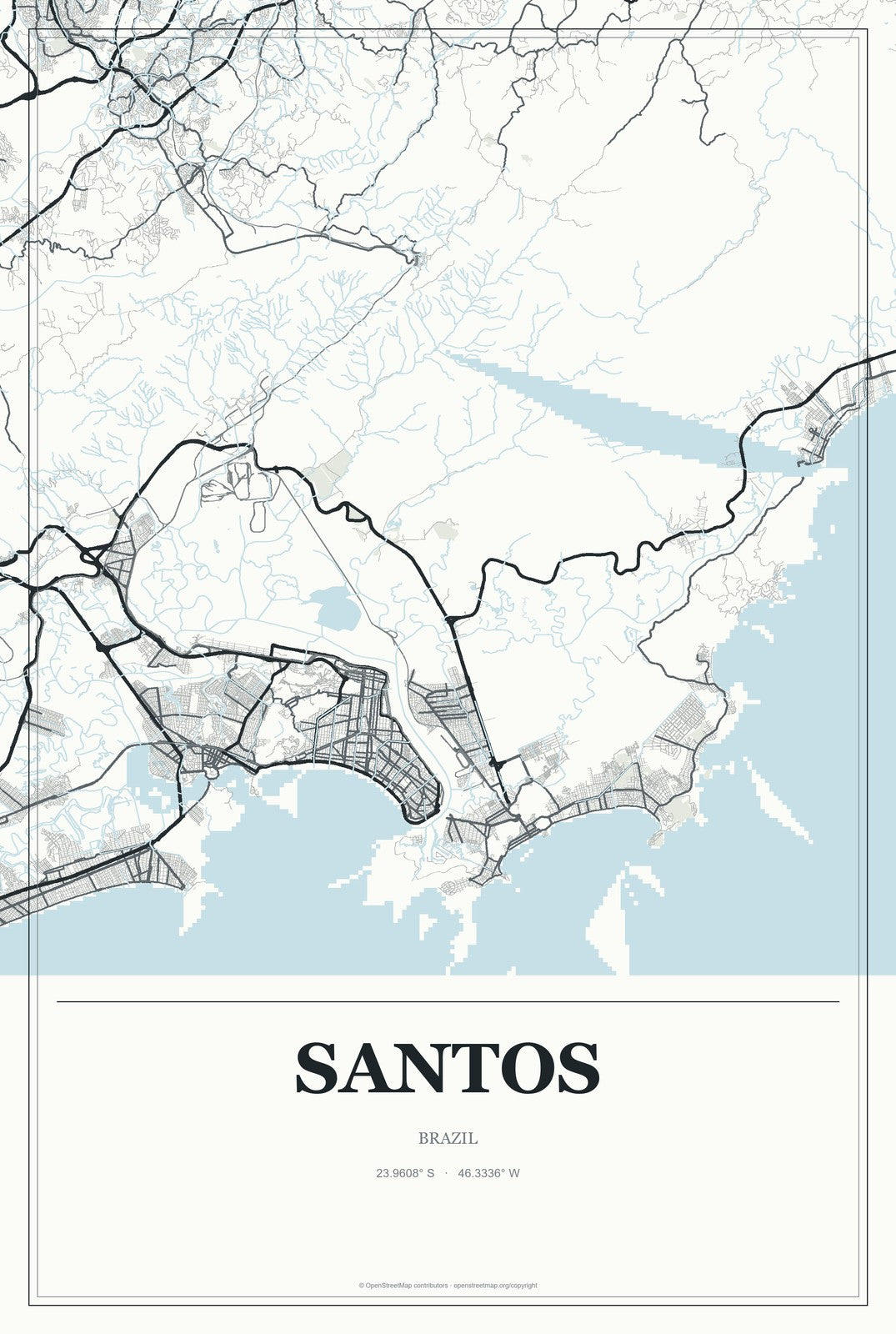 Santos, Brazil City Map Aluminum Sign in Gallery Air style