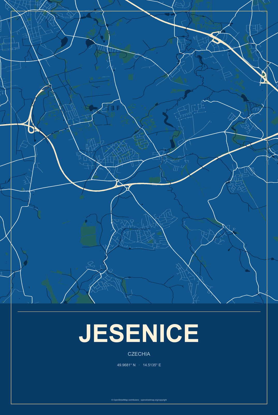 Jesenice, Czechia City Map Aluminum Sign in Harbor Cobalt style