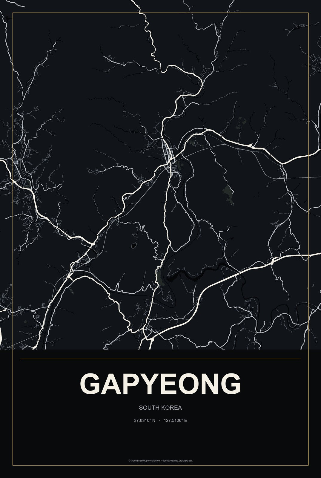 Gapyeong, South Korea City Map Aluminum Sign in Metropolitan Noir style