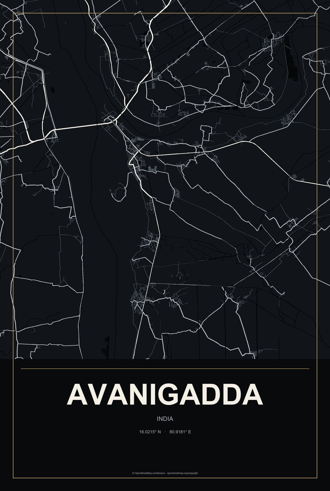 Avanigadda, India City Map Aluminum Sign in Metropolitan Noir style