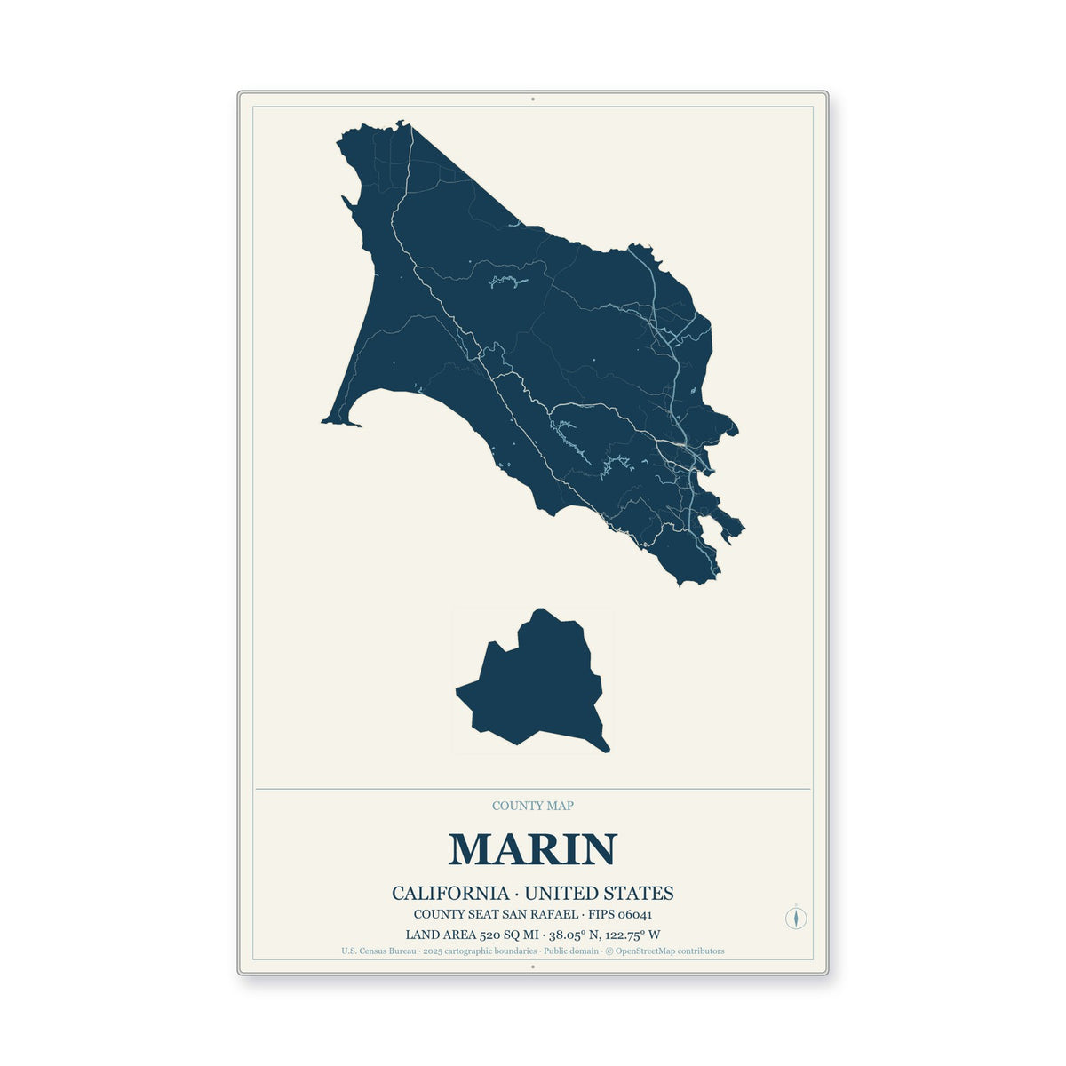 Marin County, California Map Aluminum Sign in Coastal Cutout style