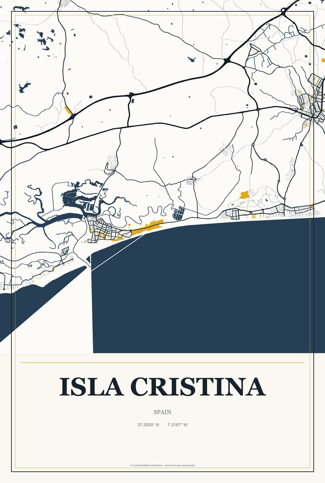 Isla Cristina, Spain City Map Aluminum Sign in Citrine Modern style