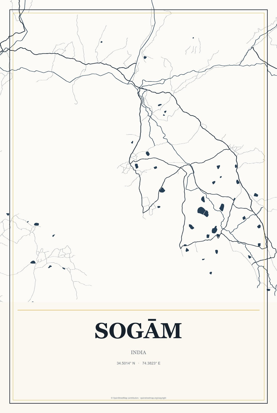 Sogām, India City Map Aluminum Sign in Citrine Modern style