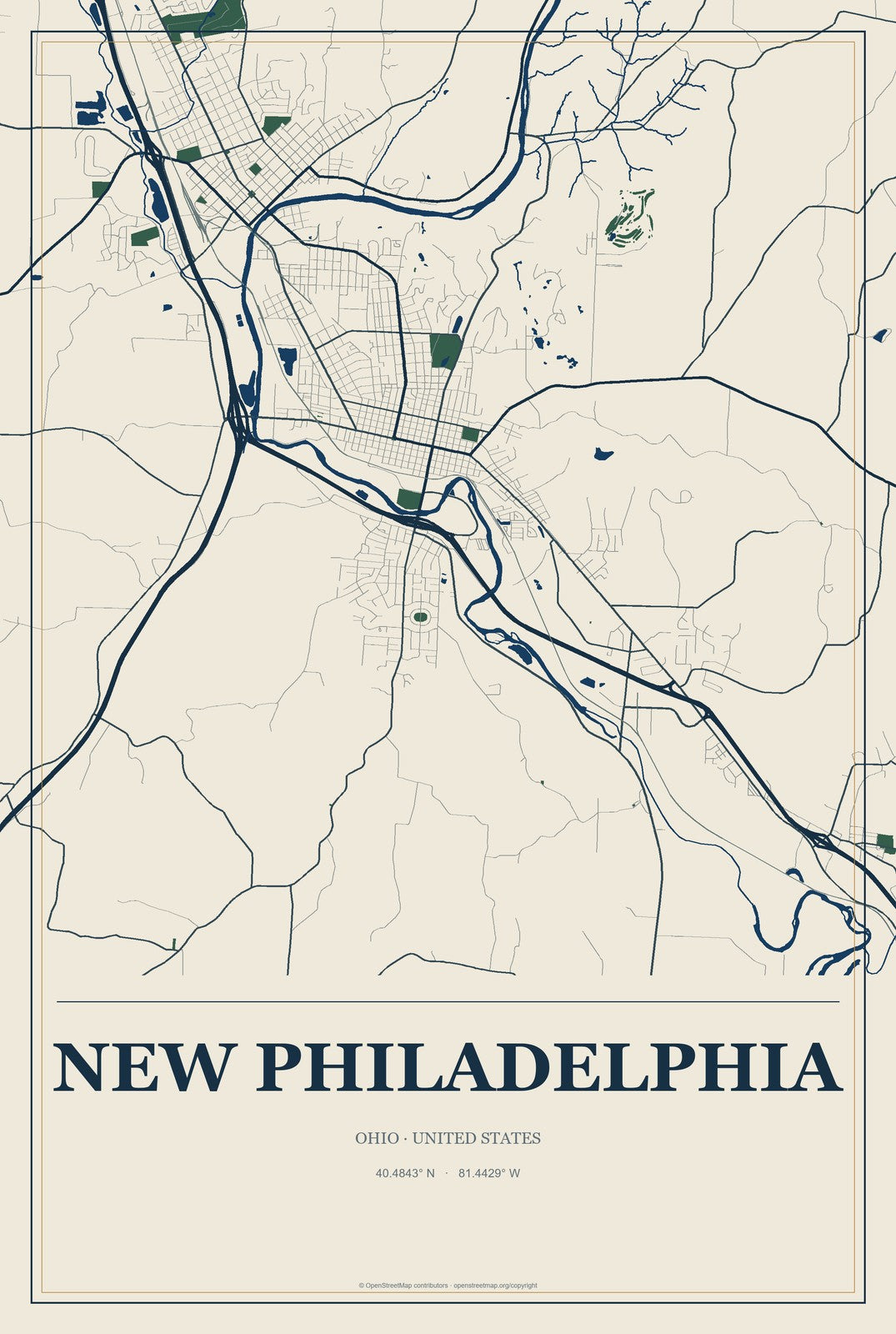 New Philadelphia, Ohio City Map Aluminum Sign in Coastal Cutout style