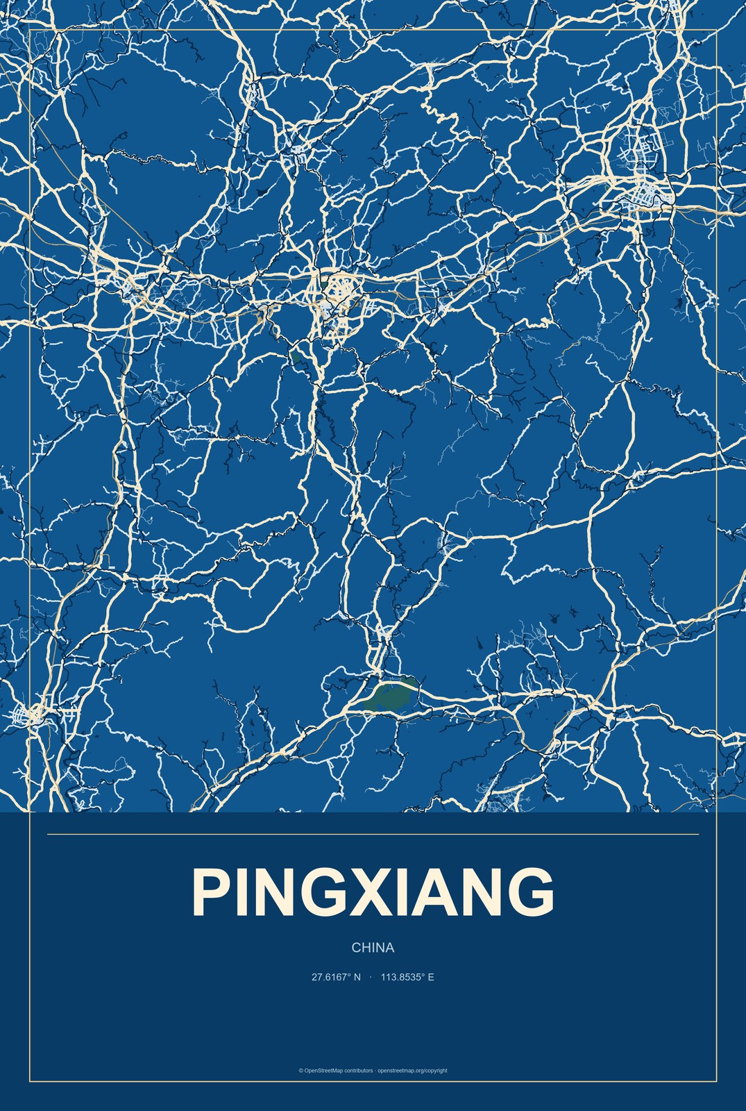 Pingxiang, Guangxi, China City Map Aluminum Sign in Harbor Cobalt style