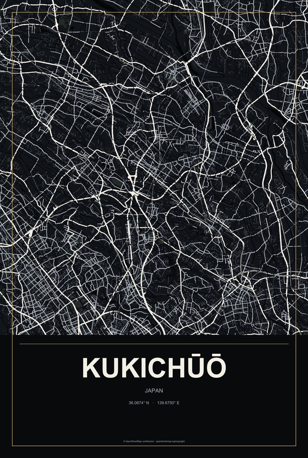 Kukichūō, Japan City Map Aluminum Sign in Metropolitan Noir style