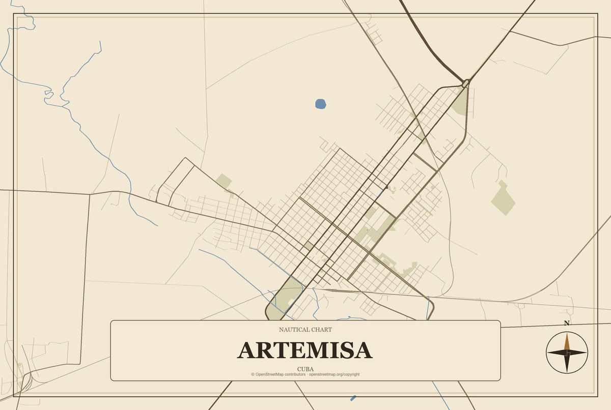 Artemisa, Cuba City Map Aluminum Sign in Heritage Nautical style