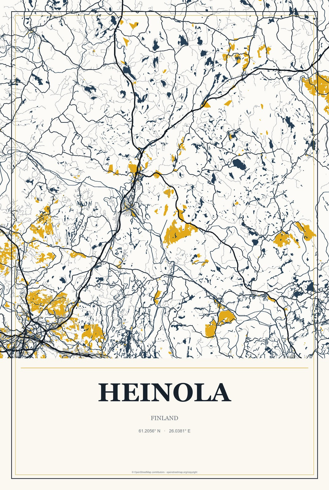 Heinola, Finland City Map Aluminum Sign in Citrine Modern style