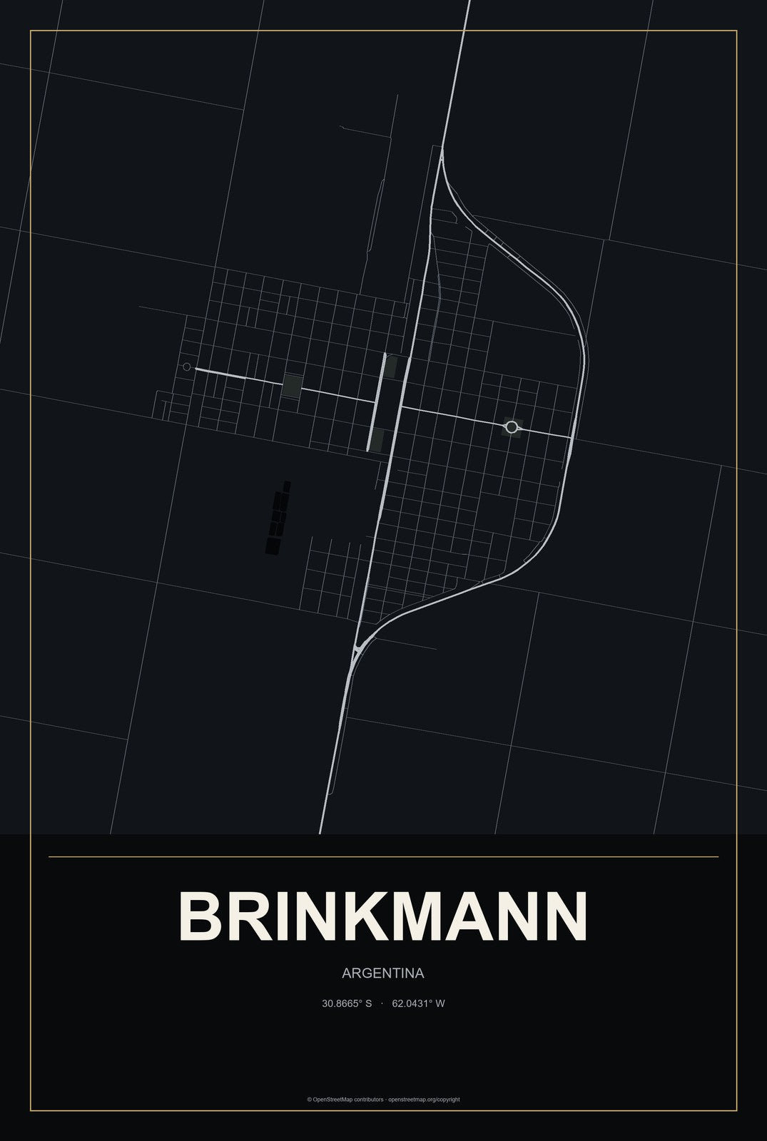 Brinkmann, Argentina City Map Aluminum Sign in Metropolitan Noir style