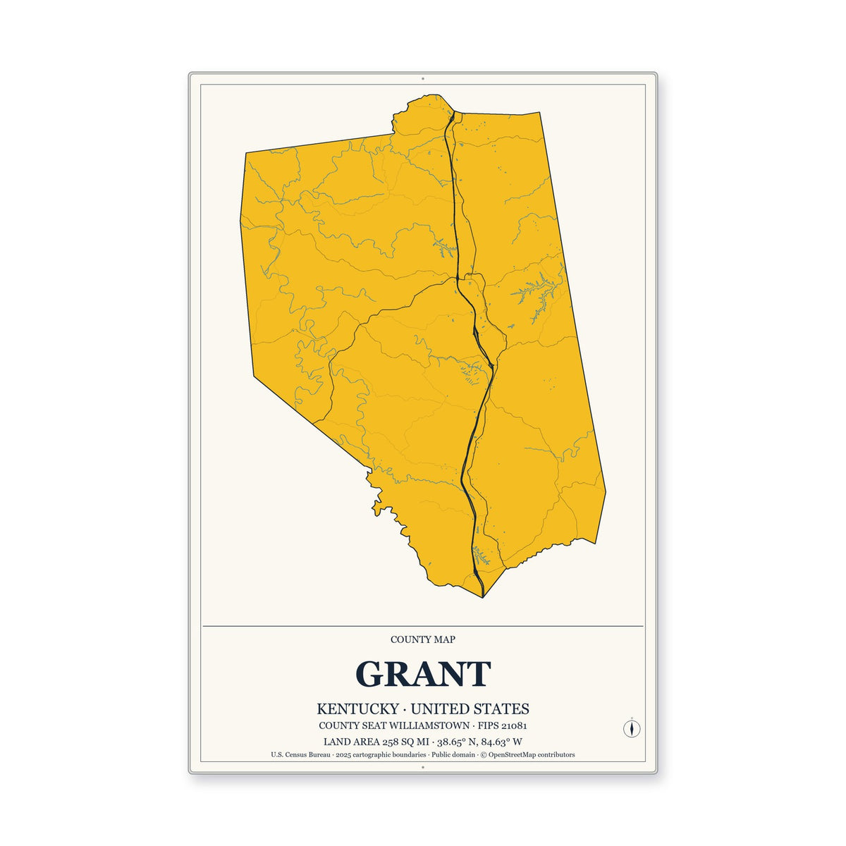 Grant County, Kentucky Map Aluminum Sign in Citrine Modern style