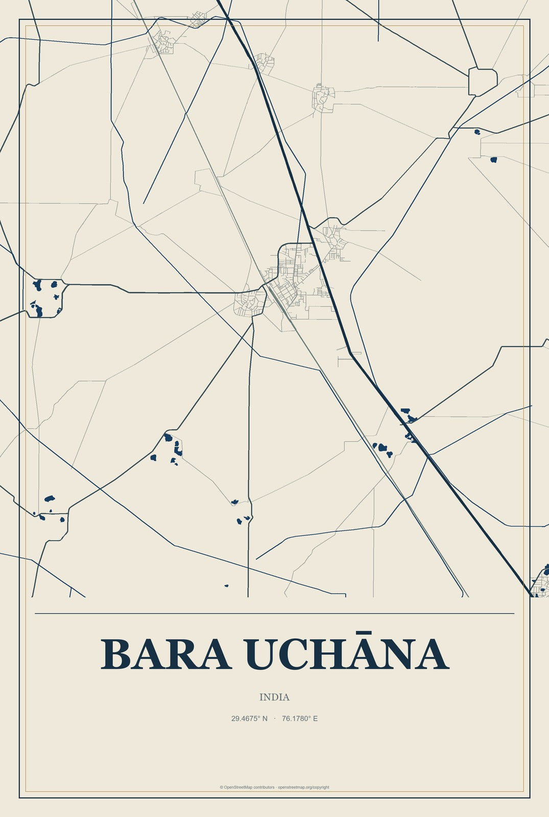 Bara Uchāna, India City Map Aluminum Sign in Coastal Cutout style