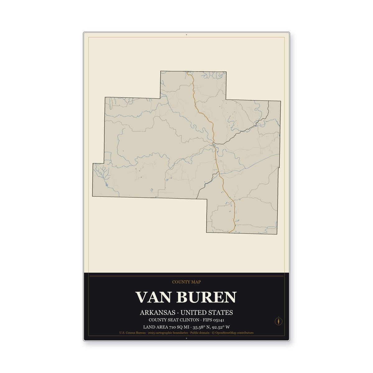 Van Buren County, Arkansas Map Aluminum Sign in Museum Plaque style