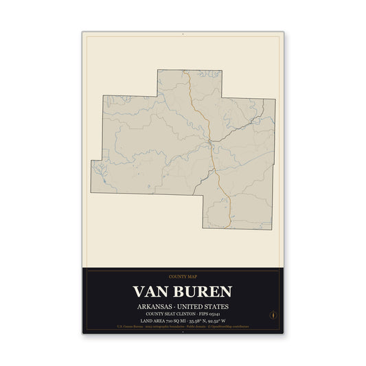 Van Buren County, Arkansas Map Aluminum Sign in Museum Plaque style