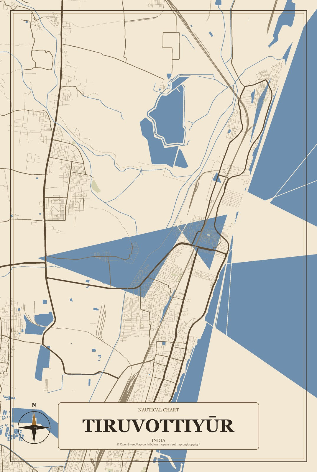 Tiruvottiyūr, India City Map Aluminum Sign in Heritage Nautical style