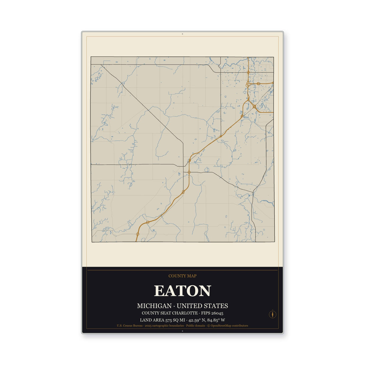 Eaton County, Michigan Map Aluminum Sign in Museum Plaque style