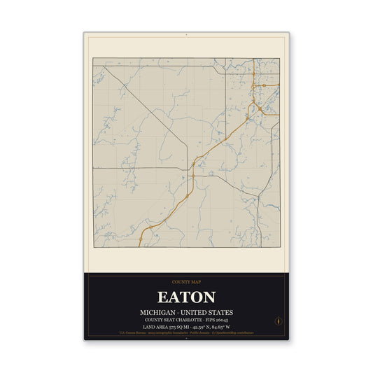 Eaton County, Michigan Map Aluminum Sign in Museum Plaque style