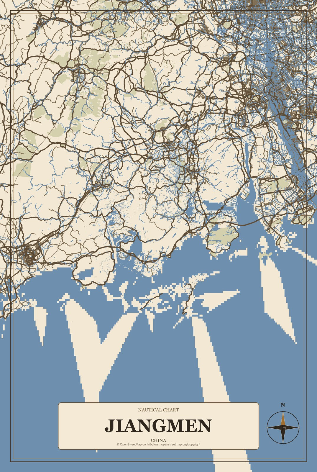 Jiangmen, China City Map Aluminum Sign in Heritage Nautical style