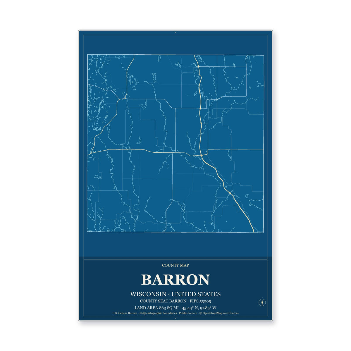 Barron County, Wisconsin Map Aluminum Sign in Harbor Cobalt style