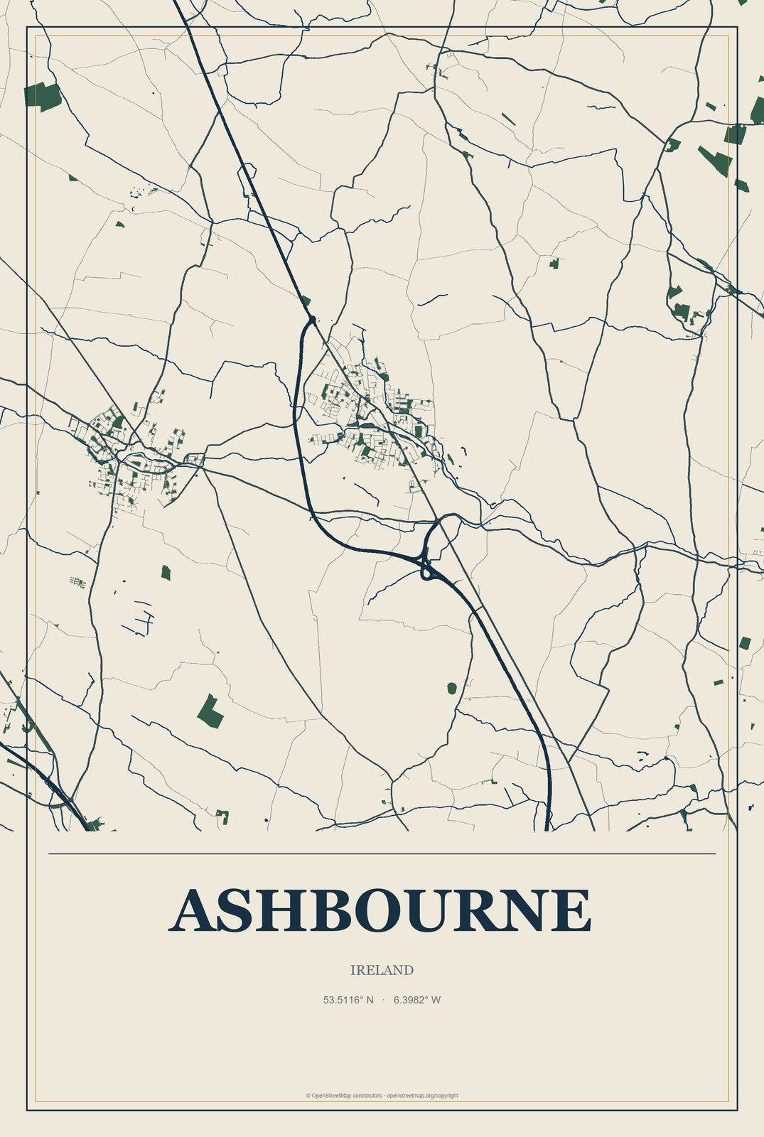 Ashbourne, Ireland City Map Aluminum Sign in Coastal Cutout style